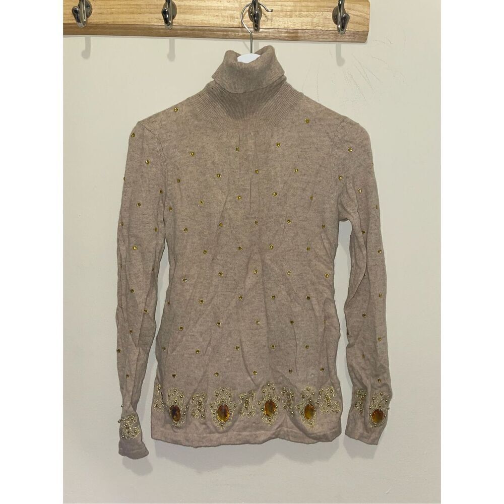 Manoush bedazzled jeweled rhinestone turtle neck sweater Y2K 2000s size medium